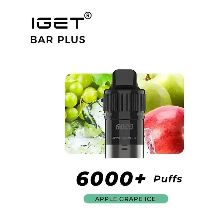 IGET Bar Plus S3 Pods 6000 Apple Grape Ice disposable vape shown upright on a plain white background