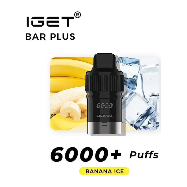 Front view of the IGET Bar Plus S3 Pods 6000 Banana Ice disposable vape in Banana Ice