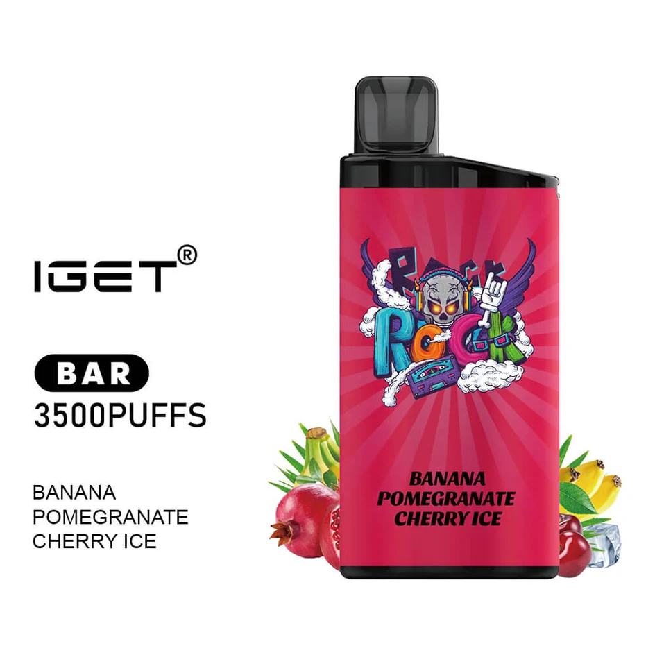 IGET Bar 3500 Banana Pomegranate Cherry Ice disposable vape shown upright on a plain white background