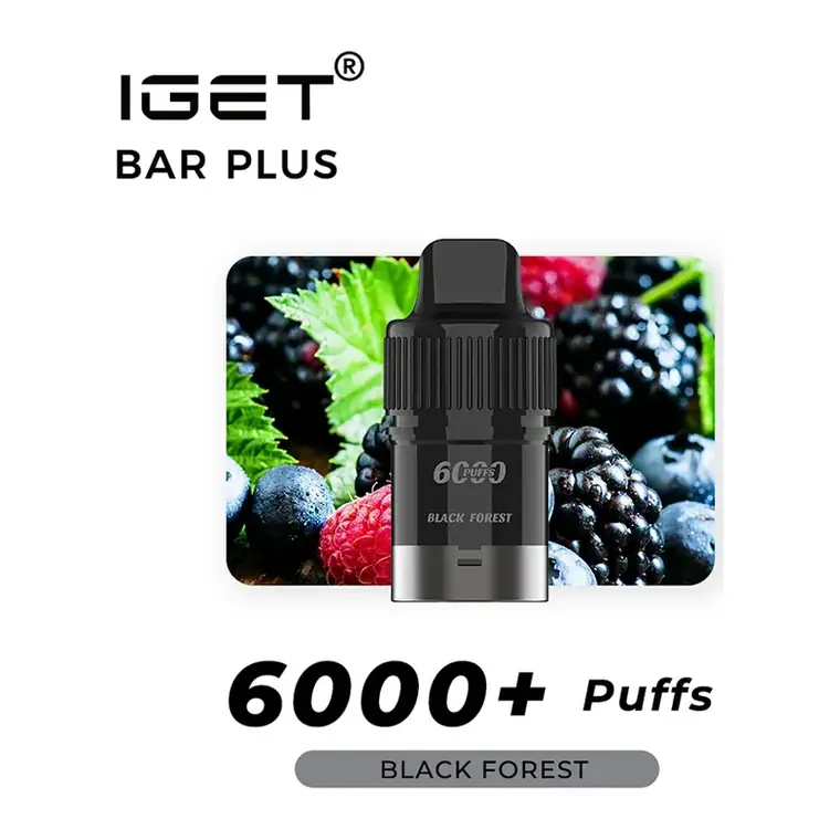 Front view of the IGET Bar Plus S3 Pods 6000 Black Forest disposable vape in Black Forest