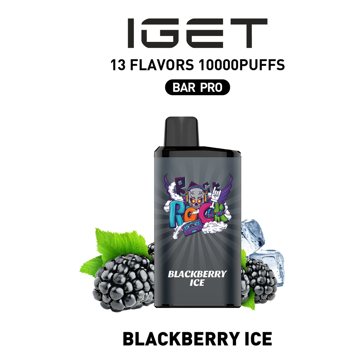 Front view of the IGET Bar Pro 10000 Blackberry Ice disposable vape in Blackberry Ice