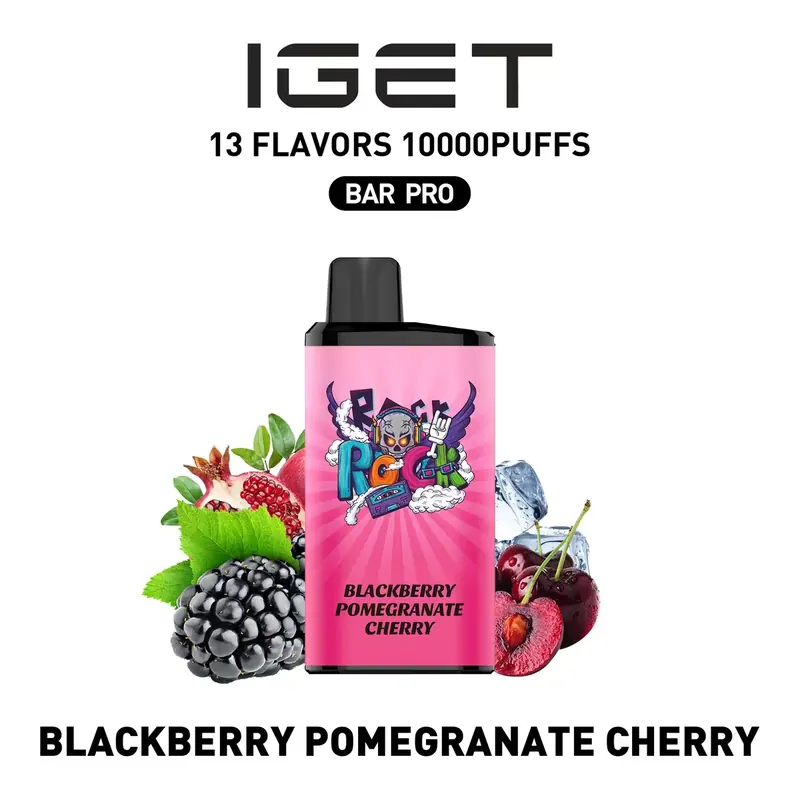 Front view of the IGET Bar Pro 10000 Blackberry Pomegranate Cherry disposable vape in Blackberry Pomegranate Cherry