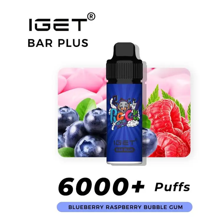 IGET Bar Plus S3 6000 Kit Blueberry Raspberry Bubble Gum disposable vape photographed front on against a white background