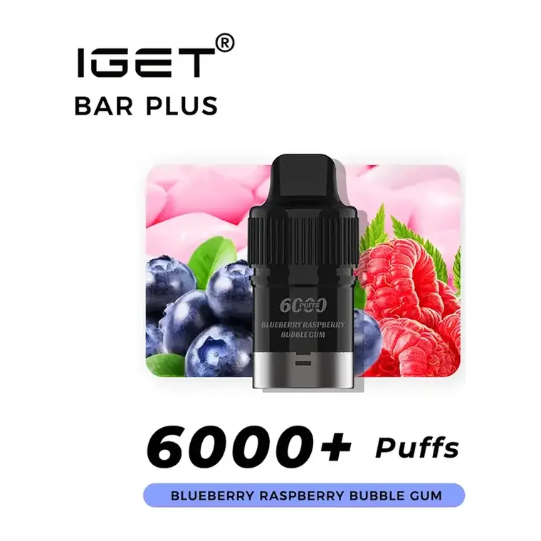 IGET Bar Plus S3 Pods 6000 Blueberry Raspberry Bubble Gum disposable vape photographed front on against a white background