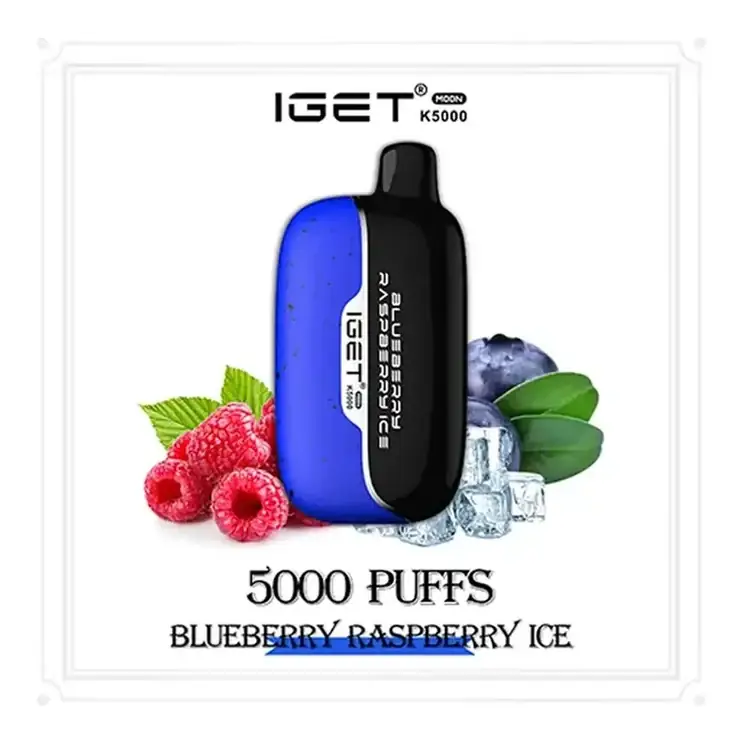 IGET Moon 5000 Blueberry Raspberry Ice disposable vape photographed front on against a white background