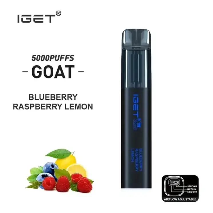 IGET Goat 5000 Blueberry Raspberry Lemon disposable vape photographed front on against a white background