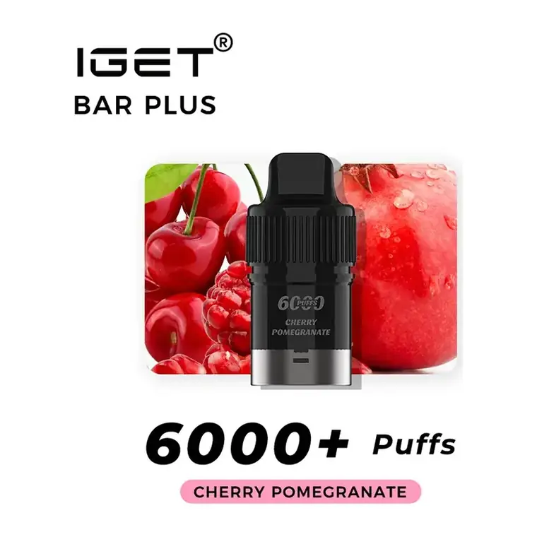 IGET Bar Plus S3 Pods 6000 Cherry Pomegranate disposable vape photographed front on against a white background