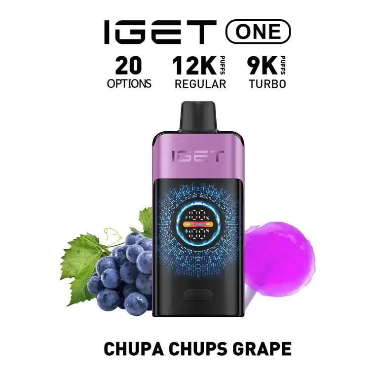 IGET One 12000 Chupa Chups Grape disposable vape photographed front on against a white background