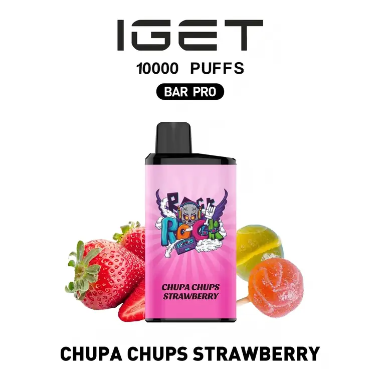 Front view of the IGET Bar Pro 10000 Chupa Chups Strawberry disposable vape in Chupa Chups Strawberry