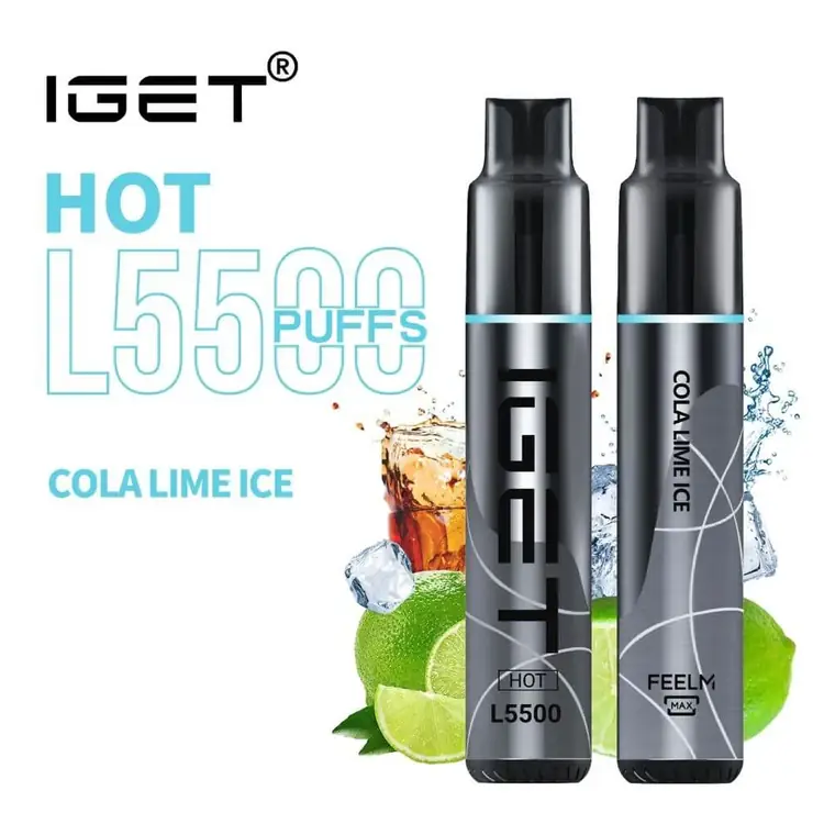 IGET Hot 5500 Cola Lime Ice disposable vape photographed front on against a white background