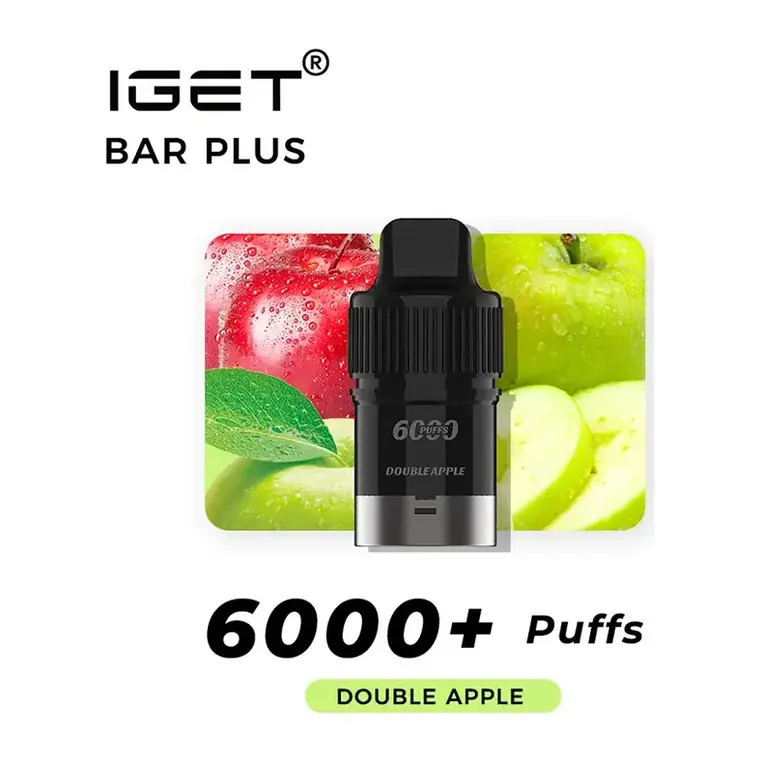 Front view of the IGET Bar Plus S3 Pods 6000 Double Apple disposable vape in Double Apple