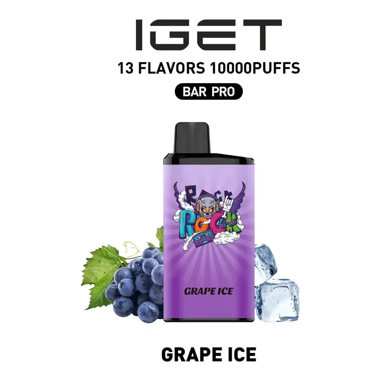 Front view of the IGET Bar Pro 10000 Grape Ice disposable vape in Grape Ice