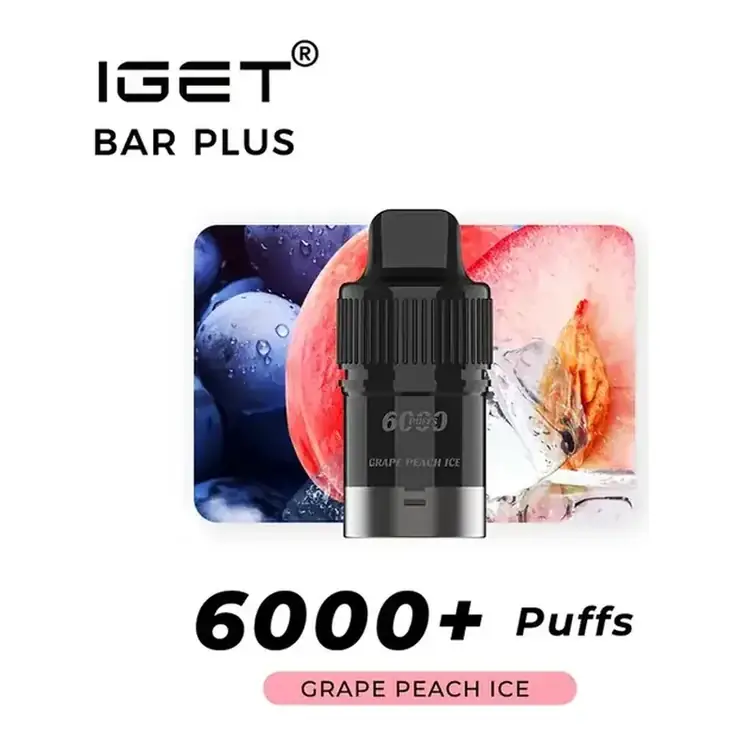 IGET Bar Plus S3 Pods 6000 Grape Peach Ice disposable vape shown upright on a plain white background