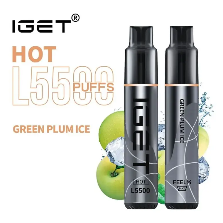 IGET Hot 5500 Green Plum Ice disposable vape photographed front on against a white background