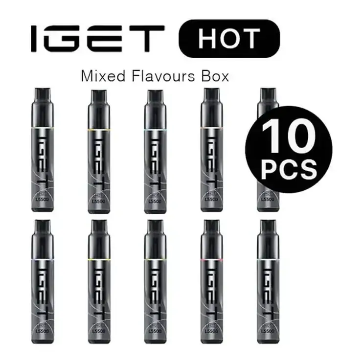 IGET Hot Box Mixed Flavours 10 Pack bulk carton in Iget Hot Box Mixed Flavours (10pcs), product photo on white