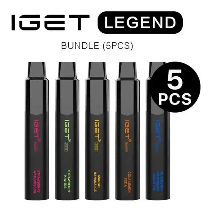 IGET Legend Bundle 5 Pack disposable vape photographed front on against a white background