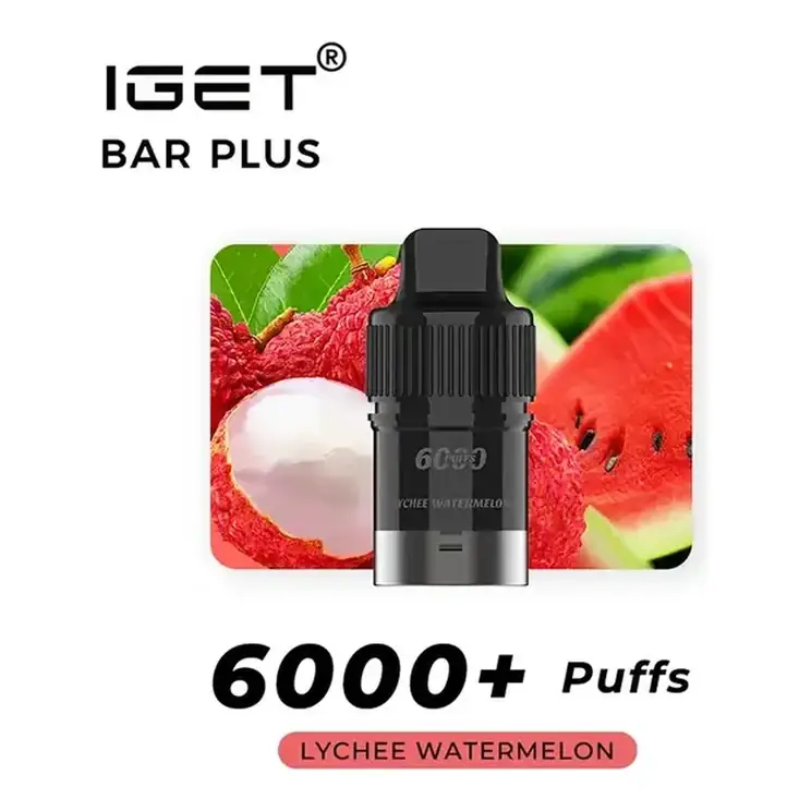 IGET Bar Plus S3 Pods 6000 Lychee Watermelon disposable vape photographed front on against a white background