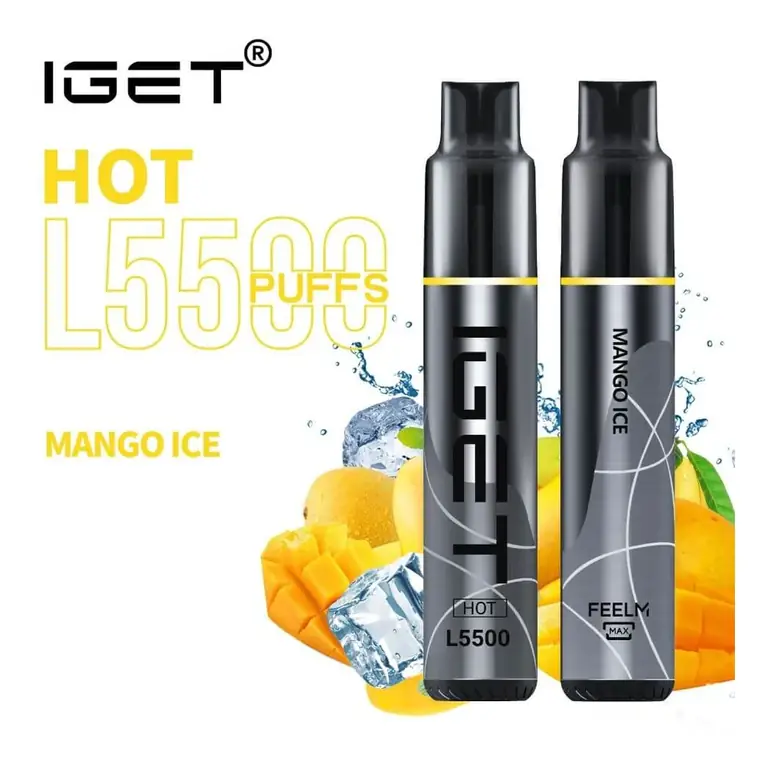Front view of the IGET Hot 5500 Mango Ice disposable vape in Mango Ice