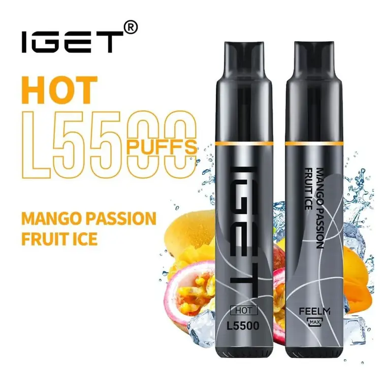 Front view of the IGET Hot 5500 Mango Passion Fruit Ice disposable vape in Mango Passion Fruit Ice
