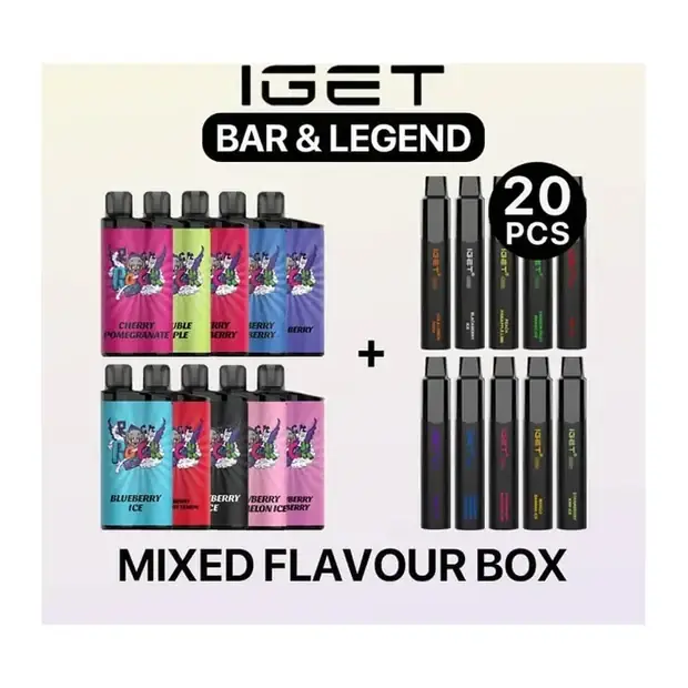 Mixed Flavour Box - IGET Bar & Legend 20 Pack bulk carton in Mixed Flavour Box, product photo on white