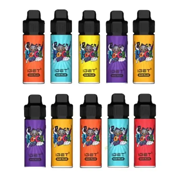 Front view of the IGET Bar Plus S3 Pod Nicotine Free Bulk Buy 10 Pack bulk carton in Nicotine Free