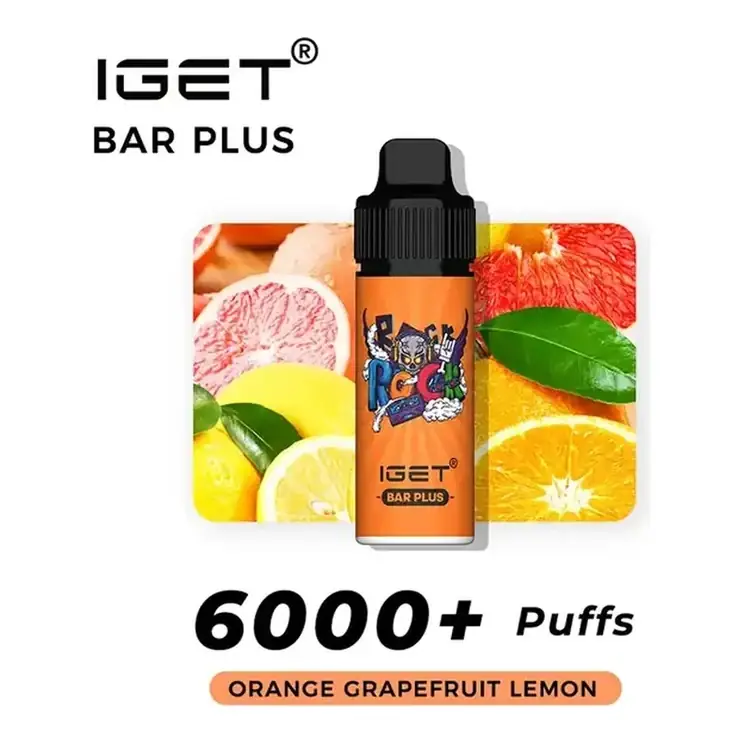 Front view of the IGET Bar Plus S3 6000 Kit Orange Grapefruit Lemon disposable vape in Orange Grapefruit Lemon