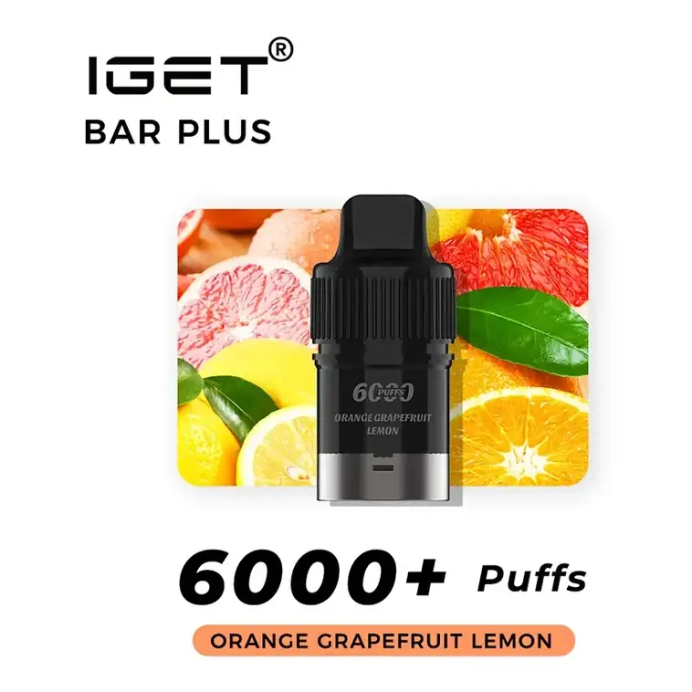 Front view of the IGET Bar Plus S3 Pods 6000 Orange Grapefruit Lemon disposable vape in Orange Grapefruit Lemon