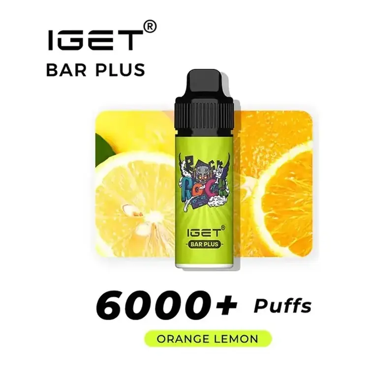 Front view of the IGET Bar Plus S3 6000 Kit Orange Lemon disposable vape in Orange Lemon