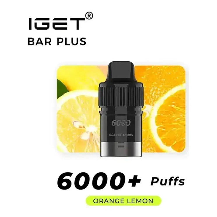 Front view of the IGET Bar Plus S3 Pods 6000 Orange Lemon disposable vape in Orange Lemon