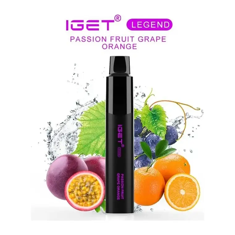 Front view of the IGET Legend 4000 Passion Fruit Grape Orange disposable vape in Passion Fruit Grape Orange