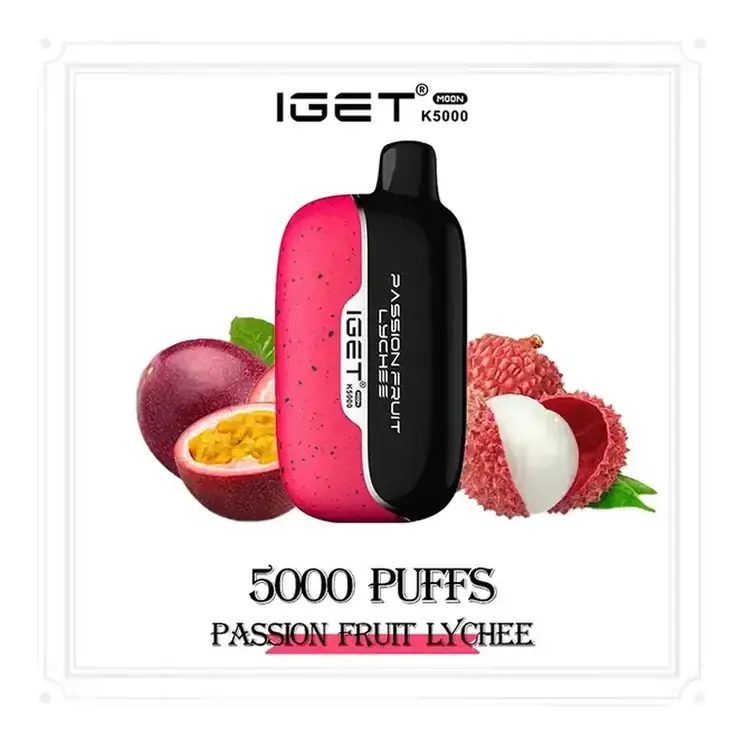 IGET Moon 5000 Passion Fruit Lychee disposable vape shown upright on a plain white background