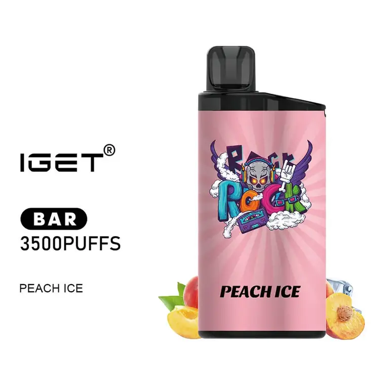 IGET Bar 3500 Peach Ice disposable vape shown upright on a plain white background
