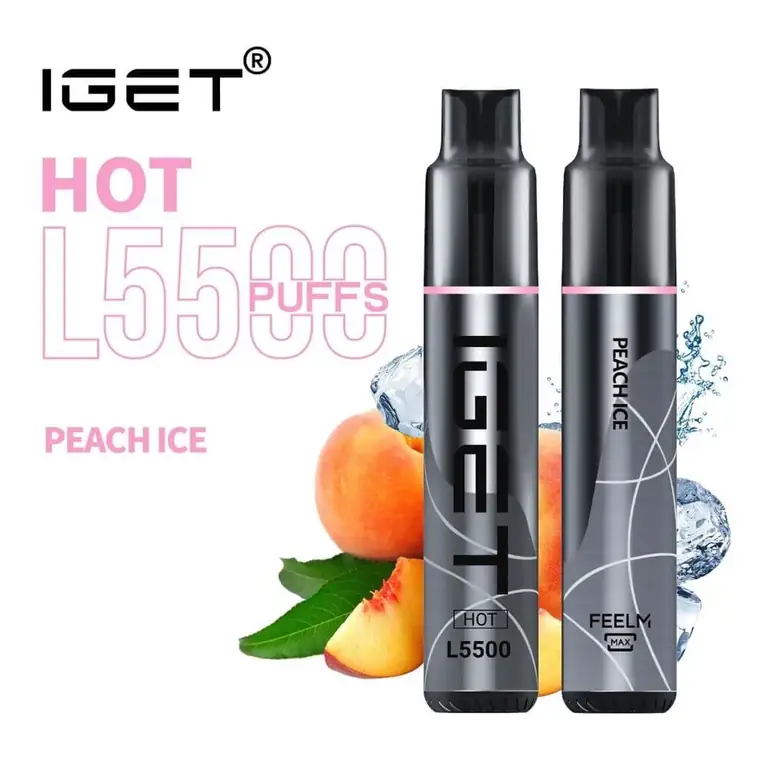 IGET Hot 5500 Peach Ice disposable vape photographed front on against a white background
