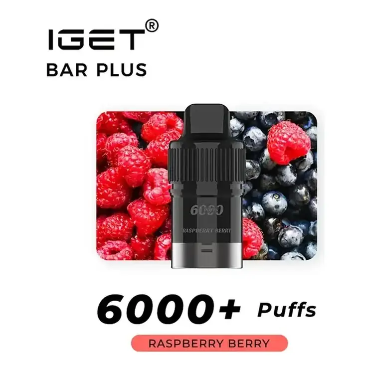 IGET Bar Plus S3 Pods 6000 Raspberry Berry disposable vape shown upright on a plain white background