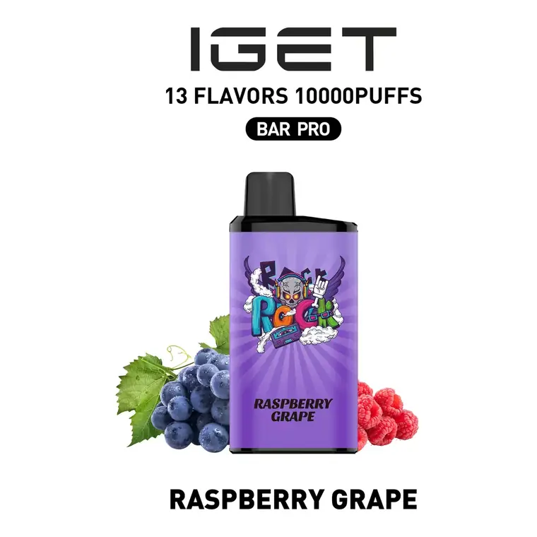 IGET Bar Pro 10000 Raspberry Grape disposable vape shown upright on a plain white background