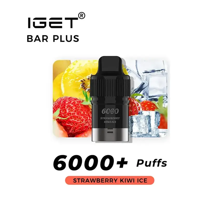 Front view of the IGET Bar Plus S3 Pods 6000 Strawberry Kiwi Ice disposable vape in Strawberry Kiwi Ice