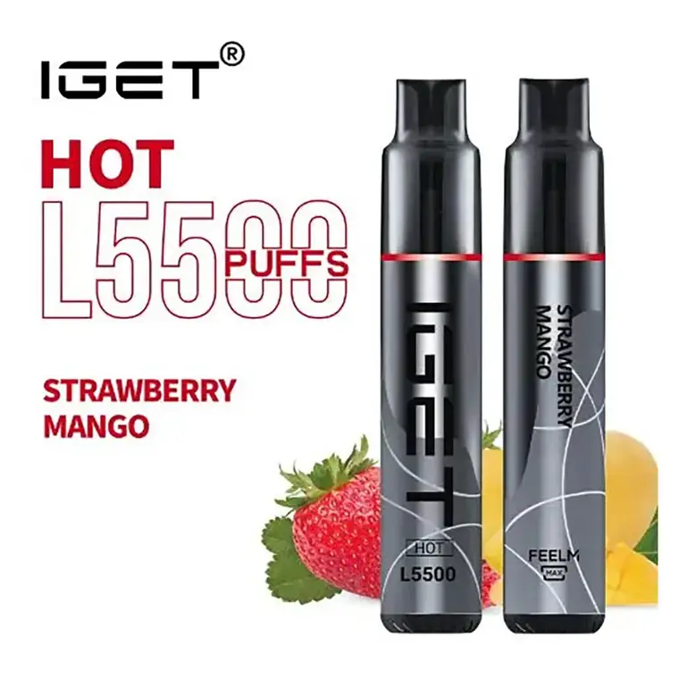 IGET Hot 5500 Strawberry Mango disposable vape shown front on against a plain white background, Strawberry Mango flavour