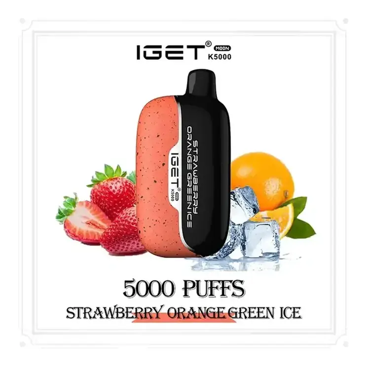 Front view of the IGET Moon 5000 Strawberry Orange Green Ice disposable vape in Strawberry Orange Green Ice