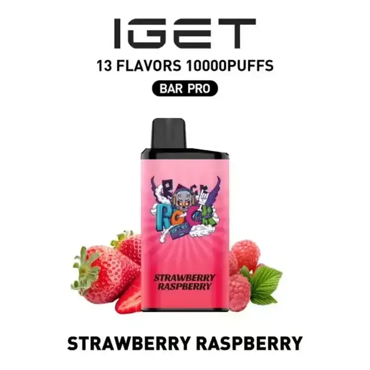 IGET Bar Pro 10000 Strawberry Raspberry disposable vape shown upright on a plain white background