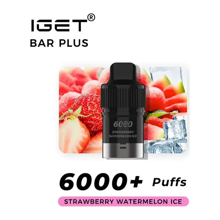 Front view of the IGET Bar Plus S3 Pods 6000 Strawberry Watermelon Ice disposable vape in Strawberry Watermelon Ice