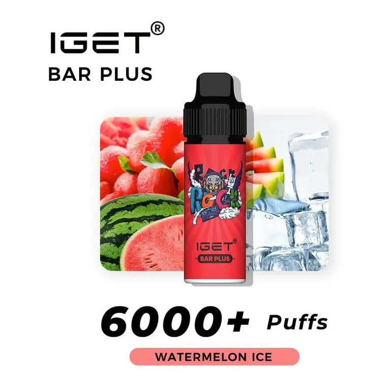 Front view of the IGET Bar Plus S3 6000 Kit Watermelon Ice disposable vape in Watermelon Ice