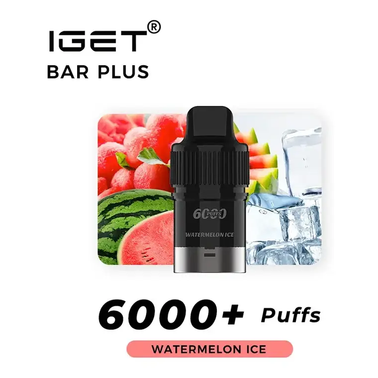 IGET Bar Plus S3 Pods 6000 Watermelon Ice disposable vape shown upright on a plain white background