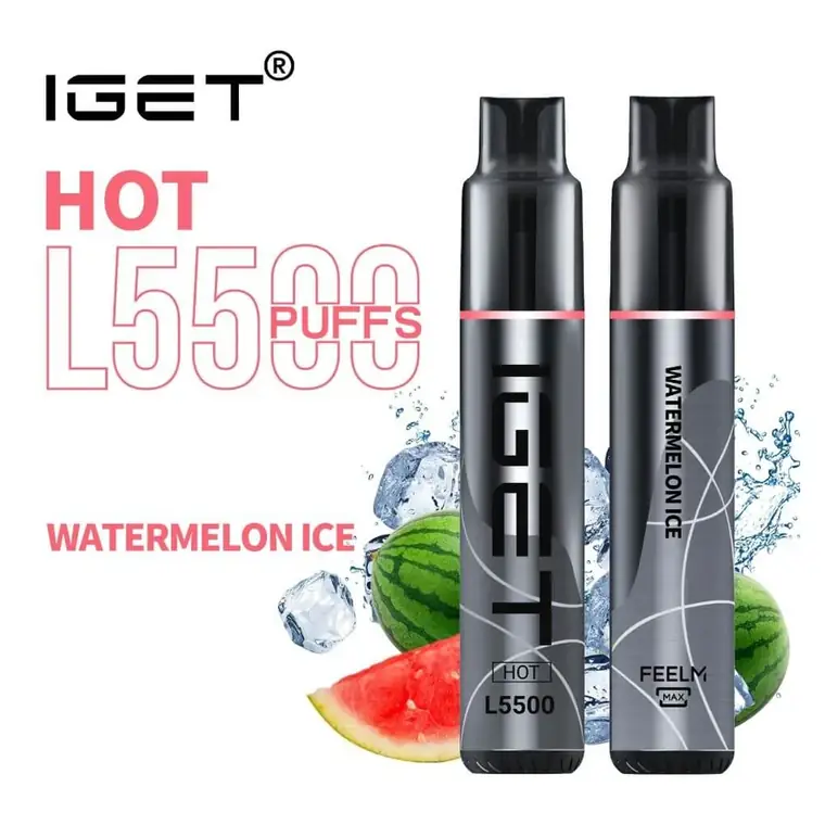 Front view of the IGET Hot 5500 Watermelon Ice disposable vape in Watermelon Ice