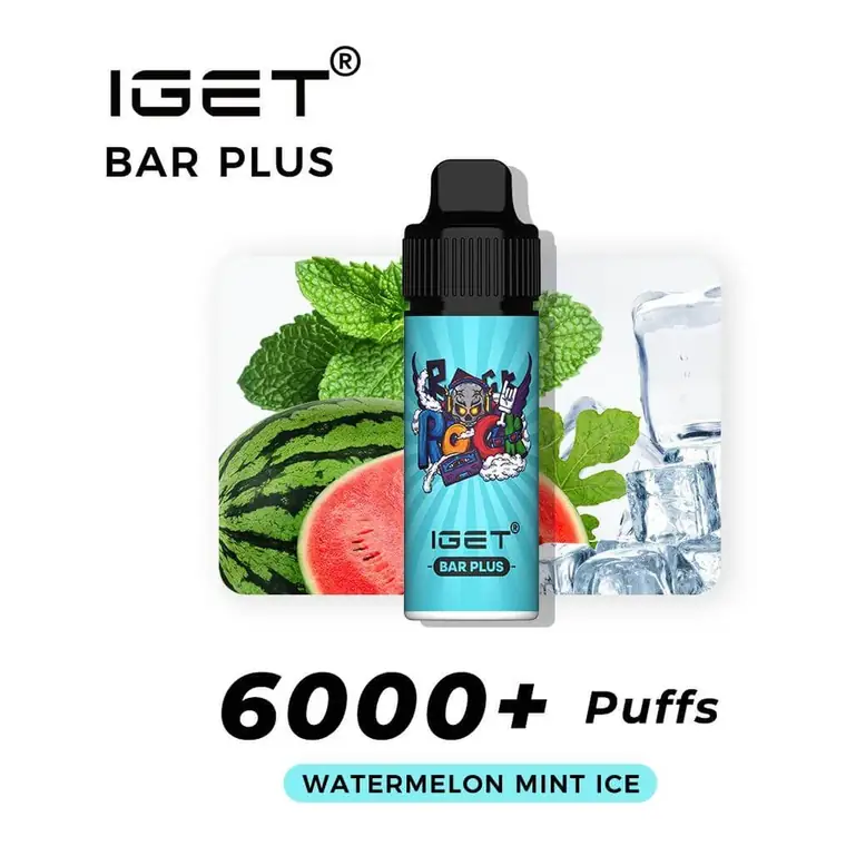 IGET Bar Plus S3 6000 Kit Watermelon Mint Ice disposable vape photographed front on against a white background