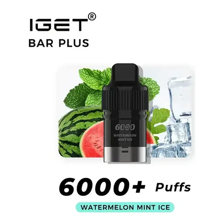 IGET Bar Plus S3 Pods 6000 Watermelon Mint Ice disposable vape photographed front on against a white background